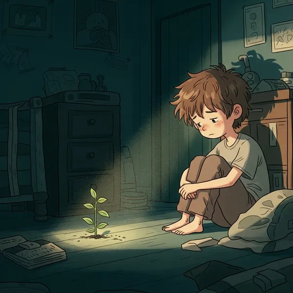 A cartoon illustration of a boy looking sad in a dark room, with a single beam of light on a small growing plant.