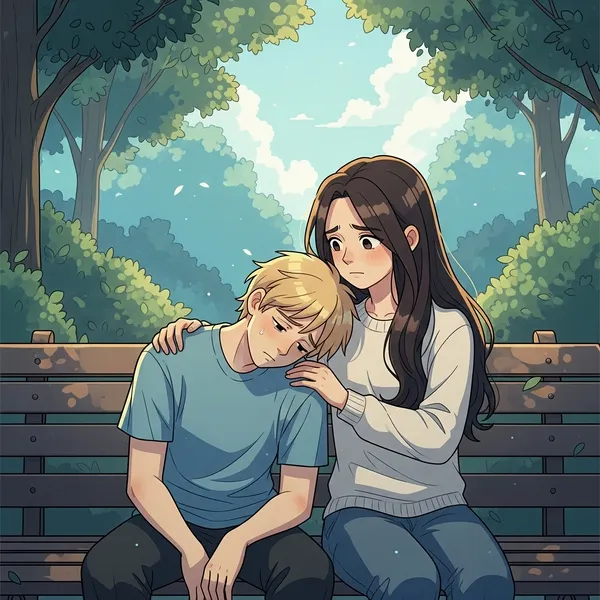 Two people sitting together, one offering comfort and support to the other.